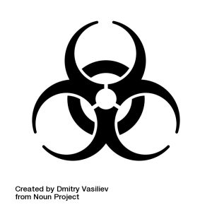 A biohazard symbol. An open circle in the center is overlayed with three near-circle crescents.